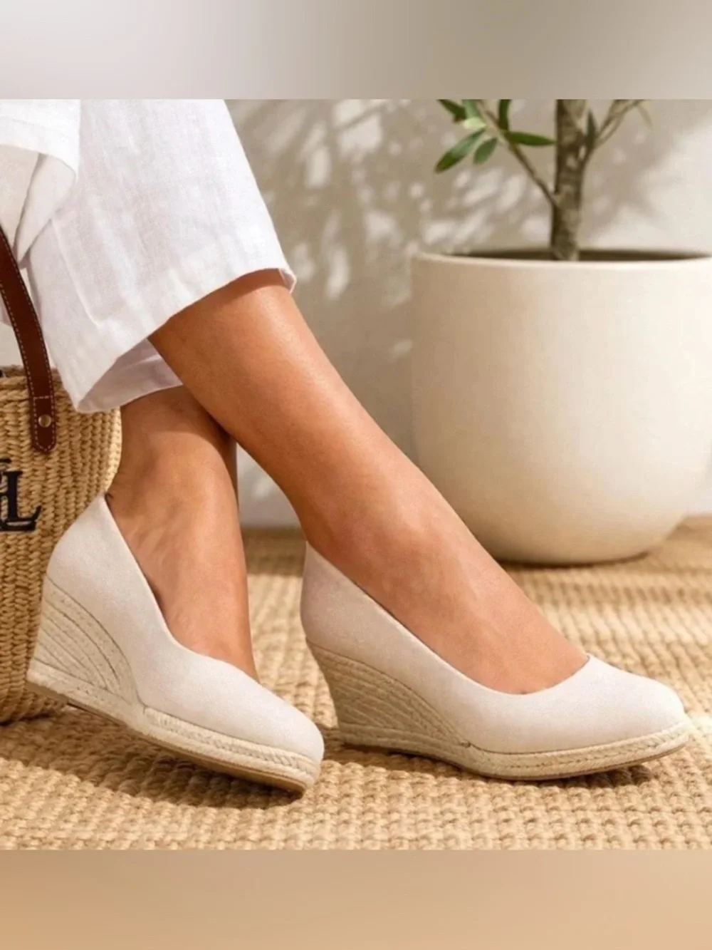 J.Crew beige canvas Seville espadrille wedge heel sandals. Women’s size 8.5